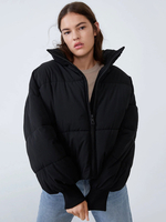 Manteau Matelassé Court Femme Comme Doudoune à Col Montant à Zip avec Manches Longues Unicolore