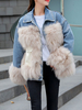 Manteau Matelassé Fausse Fourrure en Denim Court à Col Montant avec Manches Longues Bicolores Manteau Femme