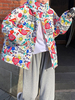Manteau Matelassé Imprimé Court Femme à Capuche avec Manches Longues à Zip Multicolores Manteau Femme