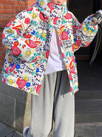 Manteau Matelassé Imprimé Court Femme à Capuche avec Manches Longues à Zip Multicolores Manteau Femme