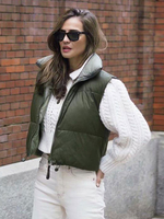 Manteau Matelassé Sans Manches Femme Taille Haute à Col Revers à Zip Unicolore Gilet Femme
