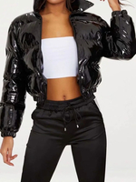 Manteau Matelassé Taille Haute Verni à Col Montant avec Manches Longues à Zip Unicolore