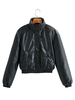 Manteau Matelassé Taille Haute Verni à Col Montant avec Manches Longues à Zip Unicolore