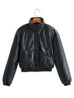 Manteau Matelassé Taille Haute Verni à Col Montant avec Manches Longues à Zip Unicolore