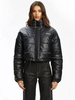 Manteau Matelassé Taille Haute Verni à Col Montant avec Manches Longues à Zip Unicolore