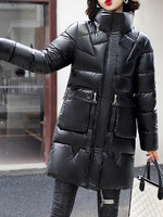 Manteau Matelassé Verni Comme Doudoune Femme à Col Montant avec Manches Longues Coupe Cintrée à Lacets à Zip Unicolore Manteau Femme