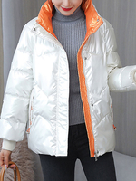 Manteau Matelassé Verni Comme Doudoune Femme Imprimé avec Manches Longues à Col Montant à Zip Bicolores Manteau Femme