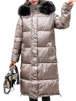 Manteau Matelassé Verni Comme Doudoune Long à Capuche avec Manches Longues avec Poches Unicolore Manteau Femme