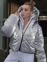 Manteau Matelassé Verni Femme Court à Capuche avec Manches Longues à Zip Unicolore