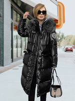 Manteau Matelassé Verni Femme Long à Capuche en Fausse Fourrure avec Manches Longues à Zip avec Poches