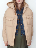 Manteau Matélassé Court à Capuche Femme avec Manches Longues avec Boutons Pressins avec Poches Unicolore