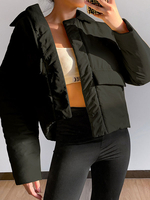 Manteau Matélassé Court Femme à Col Revers avec Manches Longues Zip Unicolore