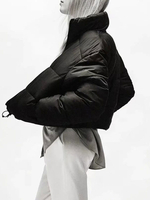 Manteau Matélassé Court Femme Verni à Capuche avec Manches Longues avec Boutons Pressions Unicolore