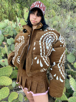 Manteau Matélassé Court Imprimé avec Manches Longues à Zip Bicolores Manteau Femme