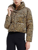 Manteau Matélassé Imprimé Léopard Court Femme à Col Montant avec Manches Longues à Zip