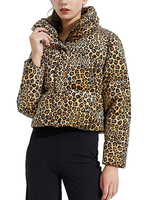 Manteau Matélassé Imprimé Léopard Court Femme à Col Montant avec Manches Longues à Zip