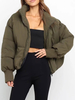 Manteau Matélassé Taille Haute Femme à Col Revers à Zip avec Manches Longues Unicolore