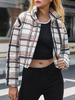 Manteau Matélassé Taille Haute Imprimé Carreaux à Col Revers avec Manches Longues avec Boutons Pressions