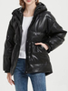 Manteau Matélassé Verni Femme Court à Capuche avec Manches Longues à Zip avec Poches Unicolore