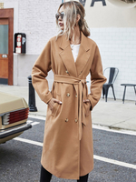 Manteau Mi-long Femme à Col Revers avec Manches Longues Coupe Cintrée à Lacets avec Boutonnages Unicolore