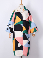 Manteau Pour Femme Vert Col Rabattu Manches Longues Boutons Géométrique Color Block Laine Manteau
