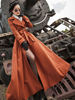 Manteau Trench Long Femme Bas Evasée à Col Revers avec Manches Longues Coupe Cintrée à Lacets Unicolore