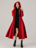Manteau évasé en laine avec capuche pour femme rouge coupe trapèze long vêtement d
