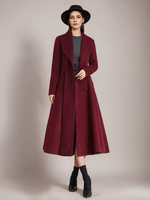 Manteau évasé en laine bordeaux à col châle vintage à double boutonnage pour femme vêtement d