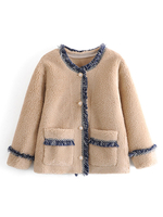 Manteau Vest Teddy Fausse Fourrure à Col Rond avec Manches Longues Fermeture avec Boutons Décors avec Franges Bicolores