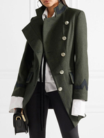 Manteau Veste Blazer Femme Hiver Vert Foncé Bimatière avec Les Boutons Métals avec Les Poches à Col Montant Manteau Hiver Femme