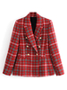 Manteau Veste Blazer Femmes à Col Revers avec Les Boutonnages Croisés et Les Poches Carreaux Rouge Manteau Blazer d