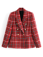 Manteau Veste Blazer Femmes à Col Revers avec Les Boutonnages Croisés et Les Poches Carreaux Rouge Manteau Blazer d