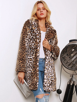 Manteau Veste Fausse Fourrure Synthétique Femme Hiver à Col Revers Imprimé Léopard avec Poches Manteau Chaud Hiver Femme