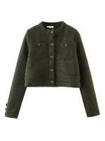 Manteau Veste Fausse Fourrure Synthétique Femme Hiver à Col Rond Fermeture avec Les Boutons avec Poches Unicolore Manteau Chaud Hiver Femme