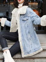 Manteau Veste Femme Hiver Bimatière Denim à Col Revers Fausse Fourrure Synthétique avec Poches Ceinturé Chaud Manteau Hiver Femme