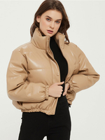 Manteau Veste Femmes à Col Montant Chaud comme Doudoune avec Les Boutons et Les Poches à Cuir Synthétique Vernis Taille Haute Unicolore Manteau d