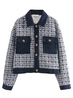 Manteau Veste Femmes hiver à Col Revers avec Manches Longues Bicolores Pied de Poules Fermeture à Boutons avec Poches Manteau Veste Femmes