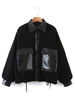Manteau Veste Teddy Fausse Fourrure Synthétique Femme Hiver à Col Revers avec Les Poches à Cuir Synthétique Bimatières Noir Manteau Chaud Hiver Femme