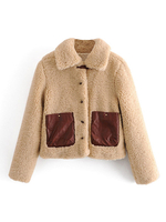 Manteau Veste Teddy Fausse Fourrure Synthétique Femme Hiver à Col Revers avec Les Poches et Les Boutons Bicolore Bimatières Manteau Chaud Hiver Femme