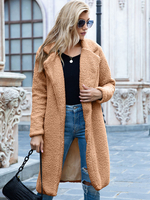 Manteau Veste Teddy Fausse Fourrure Synthétique Femme Hiver à Col Revers avec Poches Unicolore Manteau Chaud Hiver Femme