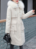Manteaux Doudoune Femme Ecru Blanc à Capuche Zipper Manches Longues Haut Bas Design Hiver Survêtement
