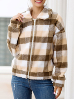 Manteaux en fausse fourrure manches longues décontracté à carreaux bloc de couleur marron clair femmes manteau dhiver