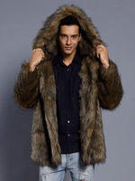 Manteaux En Fausse Fourrure Marron Foncé Hiver Chaud Hommes Veste Manches Longues Col Rabattu Capuche