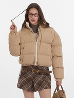 Manteaux Matelassés Courts Marron Poche Col Rabattu Fermeture Éclair Décontracté