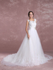 Mariage dentelle robe Organza Illusion sans manches robe de mariée A ligne strass perles Sash robe de mariée avec traine chapelle