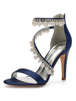Mariage invité chaussures satin bleu profond bout ouvert strass chaussures de mariée