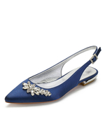 Mariage invité chaussures strass bleu profond bout pointu chaussures de mariée plates satin mère chaussures