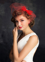 Mariage mariée coiffes Fascinator chapeau rouge Bowknot Birdcage voile