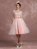 Mariage Vintage robe Blush rose dentelle appliques robe de mariée courte Illusion