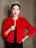 Mariage Wraps Rouge 3/4 Longueur Manches Jewel Neck Fausse Fourrure Boutons De Mariée Cover Up